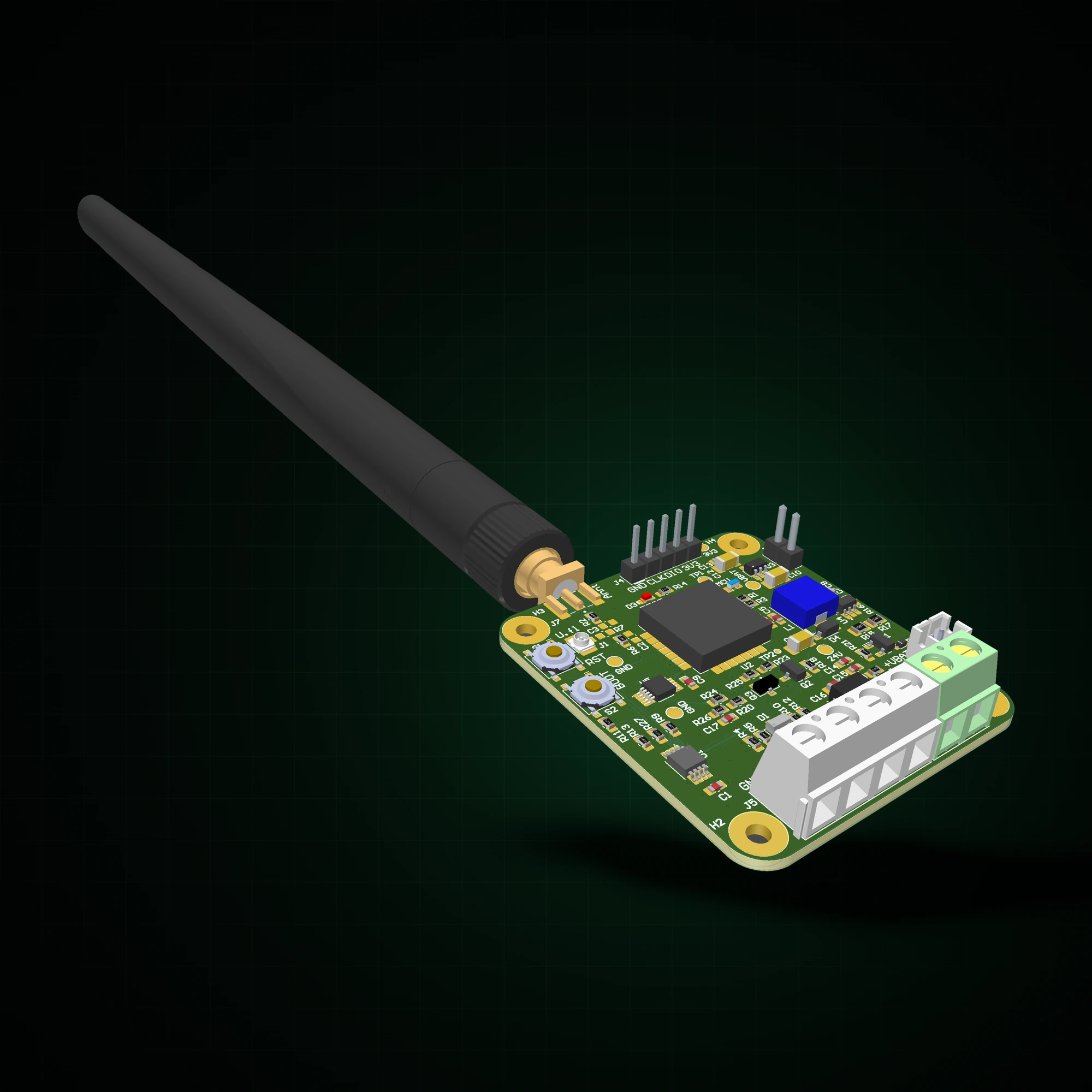 Bloomiot soil sensor node hardware, engineering render