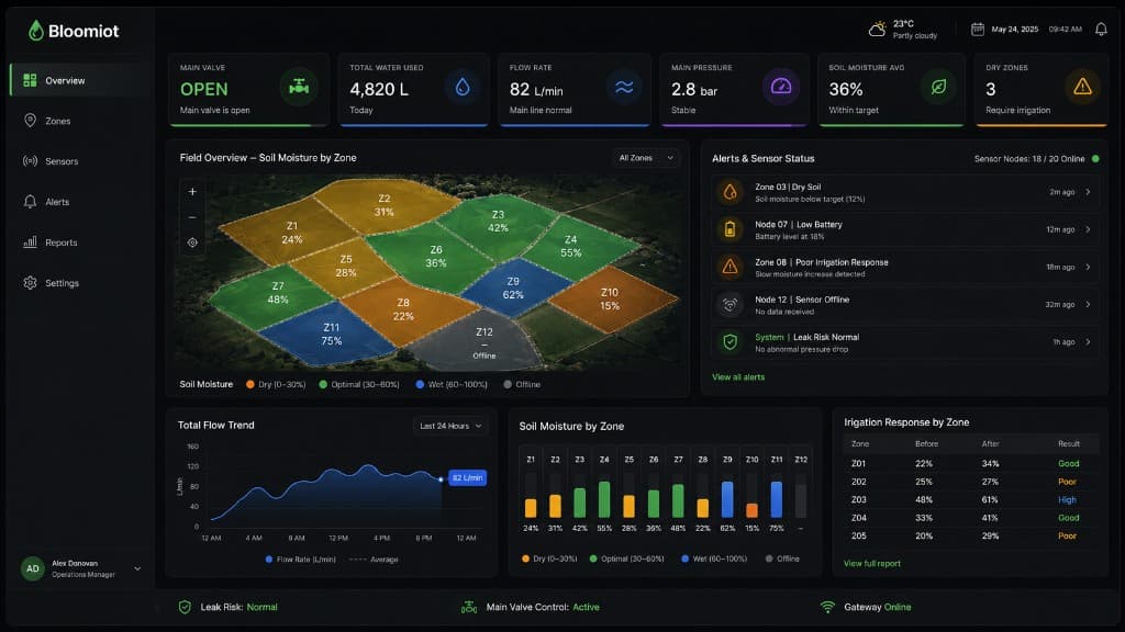 Bloomiot irrigation dashboard showing soil moisture by zone, flow, pressure, leak risk, sensor alerts, and main valve status