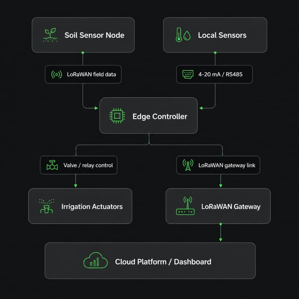 Bloomiot system architecture diagram showing soil sensor node, edge controller, LoRaWAN gateway and cloud platform
