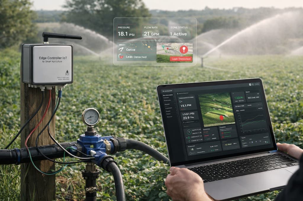 Bloomiot solution: edge controller at the valve with live dashboard, pressure, flow, and leak detection in the field